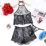 Women Eyelash Lace Trim Hollow Out See-Through Slip Lingerie Two Piece Set