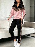 Women Spring Autumn Color Block Open Front Coat & Jogger Pants Casual Two Piece Set