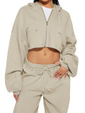 Women Drop Shoulder Puff Sleeve Cropped Hoodie & Wide Leg Pants Two Piece Set