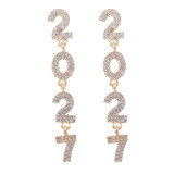 Women Full Rhinestone Number Alloy Long Drop Earrings