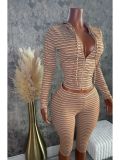 Women Striped Zip-Up Hooded Top & Roll Waist Capri Pants Two Piece Set