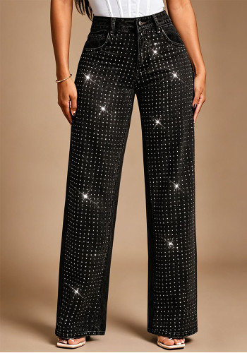 Women Black Wide Leg Full Rhinestone Denim Pants