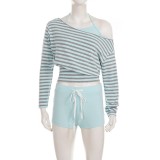 Women American Color Block Casual Stripe Slash Shoulder Top + Cami + Drawstring Shorts Three Piece Set