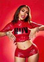 Women Red Pu-Leather Stand Collar Zipper Crop Top & Shorts Two Piece Set Women Red Pu-Leather Stand Collar Zipper Crop Top & Shorts Two Piece Set