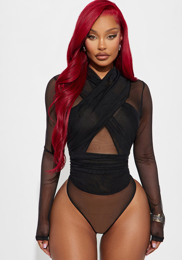Women Solid Color Sexy Patchwork Mesh Cross Halter Neck Long Sleeve Jumpsuit