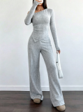 Women Solid Slash Shoulder Casual Long Sleeve Top & Long Pants Two Piece Set