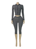 Women Striped Zip-Up Hooded Top & Roll Waist Capri Pants Two Piece Set