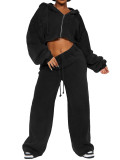 Women Drop Shoulder Puff Sleeve Cropped Hoodie & Wide Leg Pants Two Piece Set
