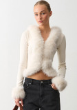 Women Autumn Winter Furry Collar Patchwork Furry Long Sleeve T-shirt Top