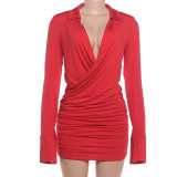 Women Summer Sexy V Neck Turndown Collar Ruched Bodycon Dress