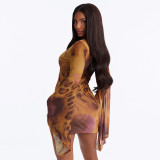Women Sexy Tie Hollow Out Mesh Long Sleeve Bell Bottom Bodycon Mini Dress