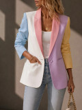 Women Color Block Patchwork Turndown Collar Long Sleeve Blazer Coat