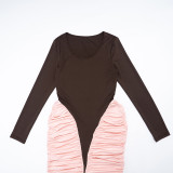Women Sexy Color Block Ruched Long Sleeve Dress