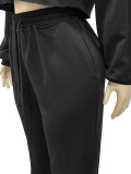 Women Drop Shoulder Puff Sleeve Cropped Hoodie & Wide Leg Pants Two Piece Set