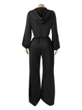 Women Drop Shoulder Puff Sleeve Cropped Hoodie & Wide Leg Pants Two Piece Set