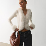 Women Autumn Winter Furry Collar Patchwork Furry Long Sleeve T-shirt Top