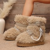 Women Autumn Winter Furry Pu-Leather Buckle Lace-Up Snow Boots