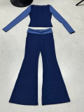 Women American Casual Color Block Raglan Sleeve Round Neck T-shirt & Bell Bottom Pants Two Piece Set