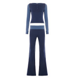 Women American Casual Color Block Raglan Sleeve Round Neck T-shirt & Bell Bottom Pants Two Piece Set