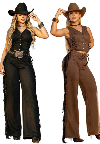 Women Vest Top & Fringe Wide Leg Denim Pants Two Piece Set