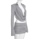 Women Autumn Winter Draped Collar Long Sleeve Top & Skirt Two Piece Set