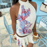 Women Holiday Printed Elegant Backless Halter Neck Dress