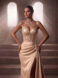 Women Solid Beaded Cami Slit Mermaid Formal Party Evening Dress