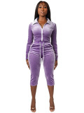 Women Velvet Color Block White Stripe Turndown Collar Zipper Top & Capri Pants Two Piece Set