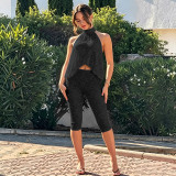 Women Summer Lace-up Backless Top and 3/4 Length Pant Two-piece Set