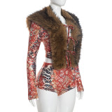 Women Autumn Winter Sexy Printed Furry Collar Tie Long Sleeve Top & Shorts Two Piece Set