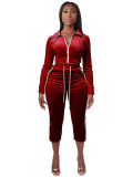 Women Velvet Color Block White Stripe Turndown Collar Zipper Top & Capri Pants Two Piece Set
