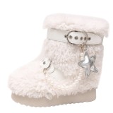 Women Autumn Winter Furry Pu-Leather Buckle Lace-Up Snow Boots
