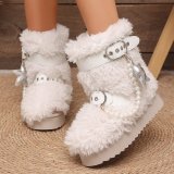 Women Autumn Winter Furry Pu-Leather Buckle Lace-Up Snow Boots