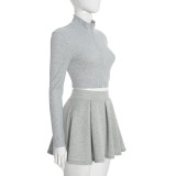 Women Casual Mock Neck Long Sleeve Zipper Top & Pleated Skirt Two Piece Set