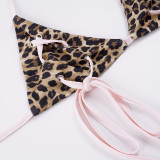 Women Holiday Leopard Halter Neck Lace-Up Bra & Shorts Bikini Two Piece Set for Beach