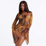 Women Sexy Tie Hollow Out Mesh Long Sleeve Bell Bottom Bodycon Mini Dress