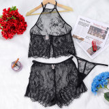 Women Eyelash Lace Trim Hollow Out See-Through Slip Lingerie Two Piece Set