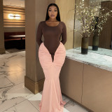 Women Sexy Color Block Ruched Long Sleeve Dress