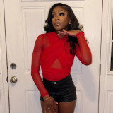 Women Solid Color Sexy Patchwork Mesh Cross Halter Neck Long Sleeve Jumpsuit