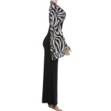 Women Fall Patchwork Bell Sleeve Sexy V Neck Mermaid Dress