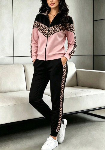 Women Spring Autumn Color Block Open Front Coat & Jogger Pants Casual Two Piece Set
