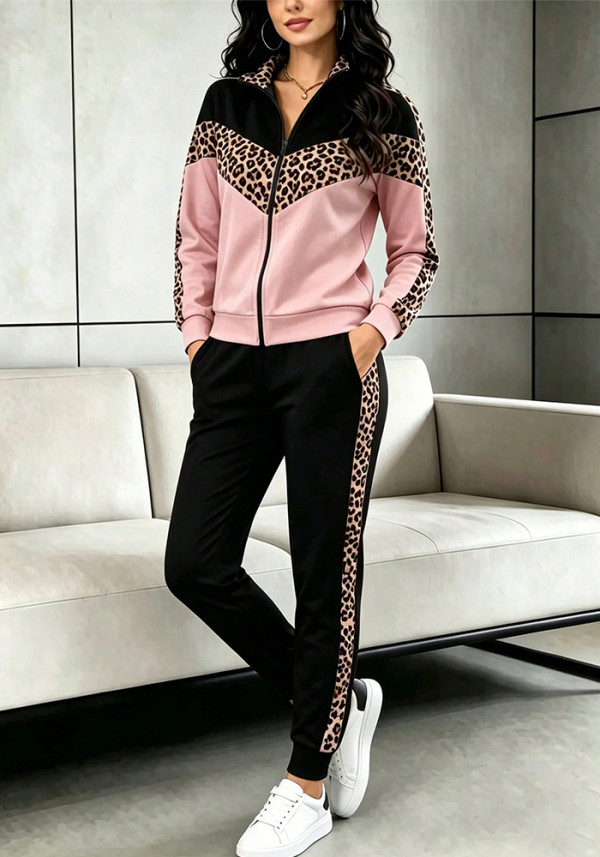 Women Spring Autumn Color Block Open Front Coat & Jogger Pants Casual Two Piece Set