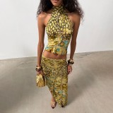 Women Fall Sexy Halter Neck Backless Top & Irregular Midi Skirt Two Piece Set