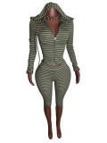 Women Striped Zip-Up Hooded Top & Roll Waist Capri Pants Two Piece Set