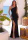 Women One Shoulder Black Beaded Slit Mermaid Formal Party Evening Dress