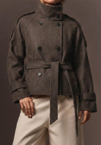 Women Stand Collar Coat with Matching Waist Belt Women Stand Collar Coat with Matching Waist Belt