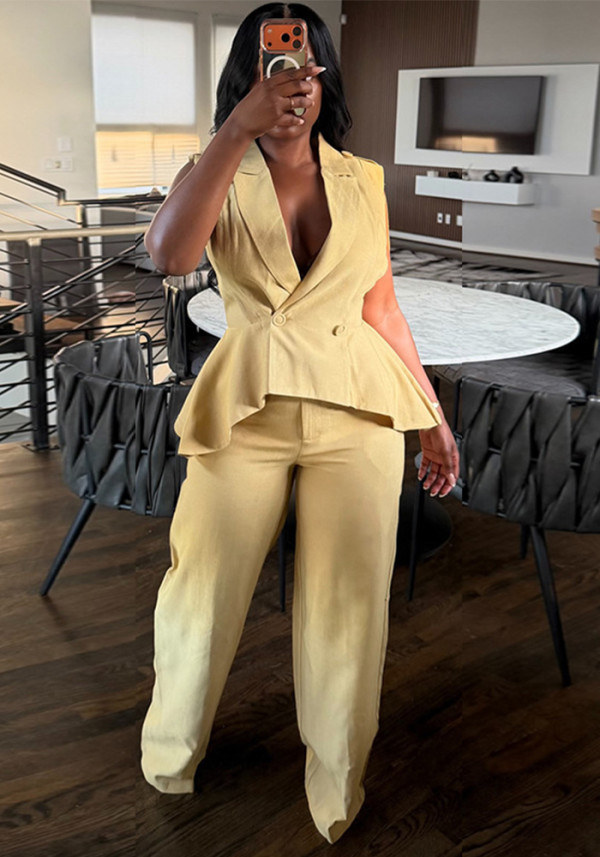 Women Summer V Neck Button Ruffle Solid Top & Wide Leg Pants Two Piece Set