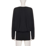 Women French V Neck Hollow Out Batwing Long Sleeve Bodycon Dress