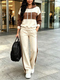 Women Spring Autumn Color Block Hoodies & Long Pants Casual Two Piece Set