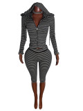 Women Striped Zip-Up Hooded Top & Roll Waist Capri Pants Two Piece Set